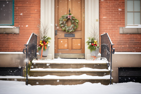 snow on church steps with a wreath on the doorの素材