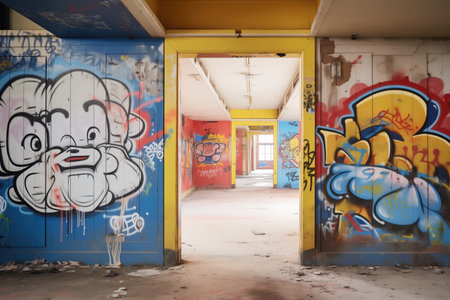 graffiti-covered walls in a deserted corridorの素材
