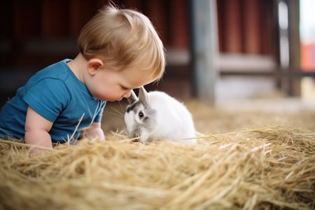 toddler petting a fuzzy rabbit on hayの素材