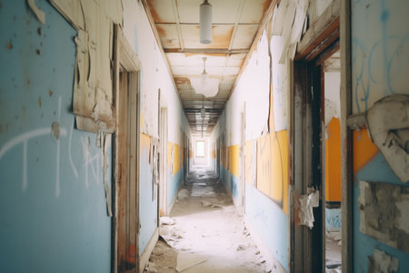 discolored painting of an abandoned asylum hallwayの素材