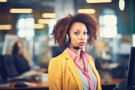 call center agent with headset in front of a computerの素材