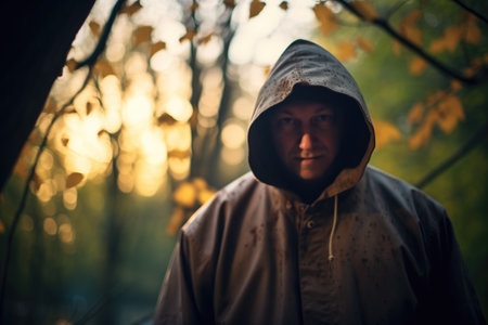 hooded figure with glowing eyes in shadowy woodsの素材