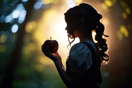 silhouette of a girl holding an apple in a forestの素材