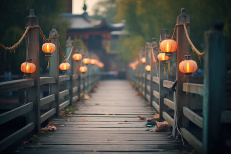 narrow bridge with eerie, dimly lit lanternsの素材