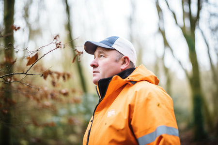 forester inspecting tree growth in managed woodlandの素材