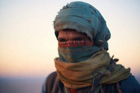nomad with covered face in a desert at twilightの素材