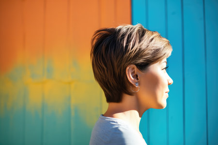 womans profile shadow on a colorful wallの素材