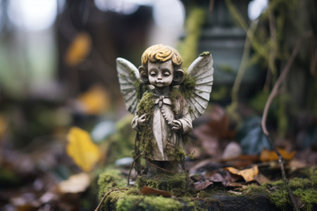 cracked and mossy angel statue in a graveyardの素材