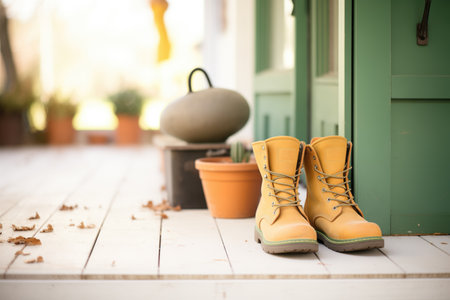 sturdy work boots on a farmhouse porchの素材
