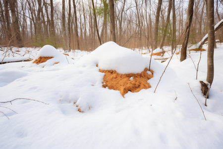 snow mounds on forest undergrowth beside a silent trailの素材