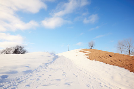 trails leading to a snow mound hillの素材