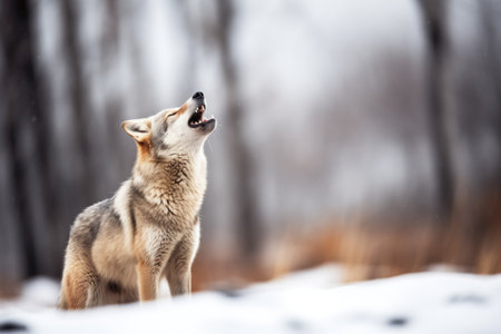 howling wolf captured with a telephoto lens from afarの素材