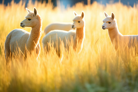 alpacas casting shadows on golden evening grassの素材