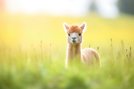 alpaca looking at camera in bright sunlit pastureの素材