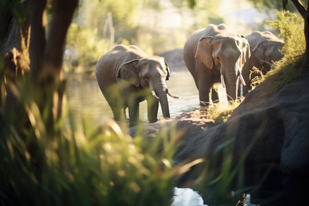 evening light casting shadows on jungle elephantsの素材