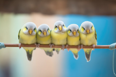 cluster of budgerigars on a swinging perchの素材
