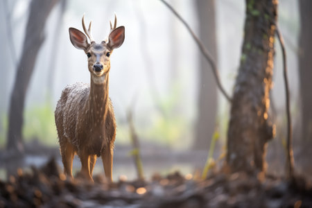 dew-covered bushbuck at dawn in misty woodsの素材