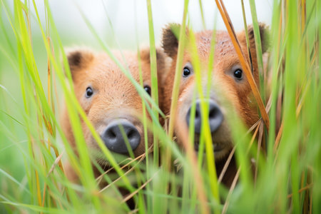 capybara siblings hiding in tall grassの素材