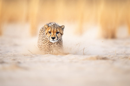 cheetah with streak of dust behind during chaseの素材