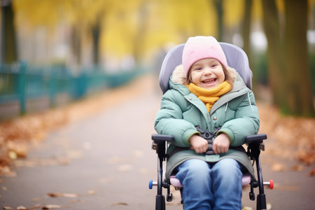child in wheelchair smiling at cameraの素材