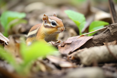 chipmunk arranging leaves in burrow for beddingの素材