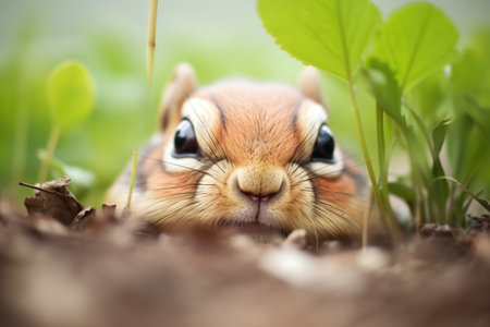 chipmunk beneath a shrub with cheeks bulgingの素材