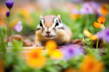 chipmunk on a flower bed with colorful petals in cheeksの素材