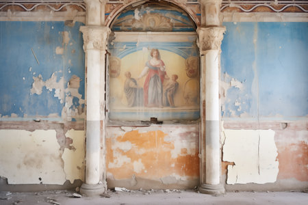 decayed frescoes on a crumbling ruins interior wallの素材