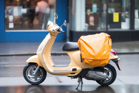 scooter with a waterproof cover during a rainy day outside storeの素材