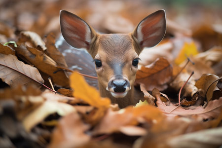 young duiker nestled in a bed of fallen leavesの素材