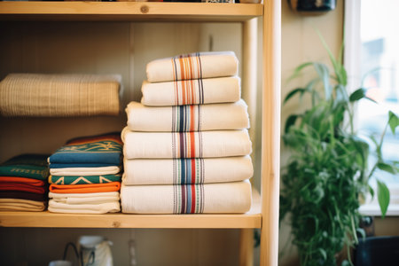 hemp textile products folded neatly on a shelfの素材
