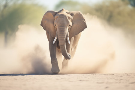 a charging elephant kicking up dust in the savannahの素材