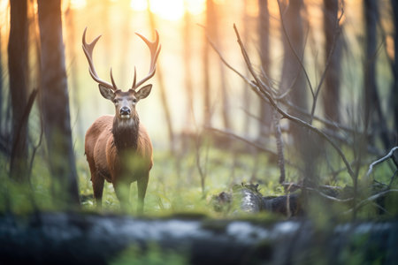 elk in forest clearing during golden hourの素材