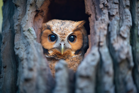 an owl peering out from a tree cavity at duskの素材