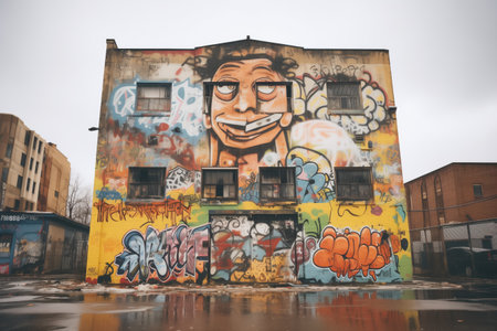 decayed urban buildings covered in graffitiの素材
