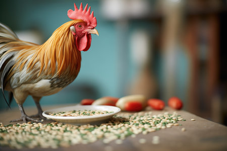 rooster feasting on corn kernelsの素材