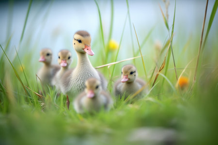 goslings following mother goose on grassの素材