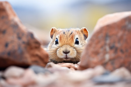 gerbil peeking from behind a large boulderの素材