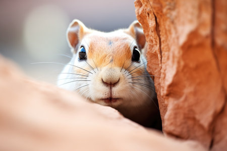 gerbil peeking through a hole in a rock slabの素材