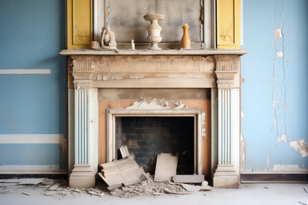 crumbling fireplace with charred remainsの素材