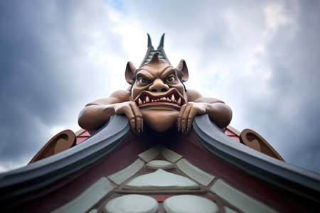 gargoyle-adorned rooftop against storm cloudsの素材