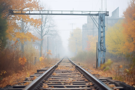 overgrown rails disappearing into dense fogの素材