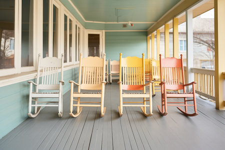 a row of empty rocking chairs swaying on a deserted porchの素材