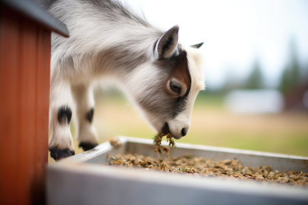 pygmy goat eating grain from a troughの素材