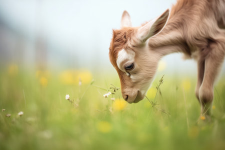 baby goat nibbling on dandelions in a meadowの素材