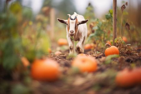 goat foraging through a pumpkin patchの素材