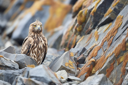 golden eagle camouflaged in a rocky terrainの素材