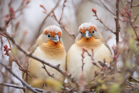 pair of grouse in courtship display near shrubsの素材