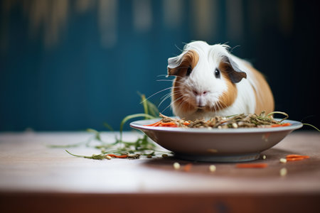 guinea pig squeaking near food bowlの素材