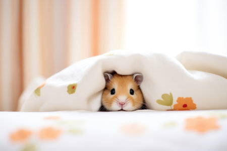 hamster peeking out from fluffy cotton beddingの素材
